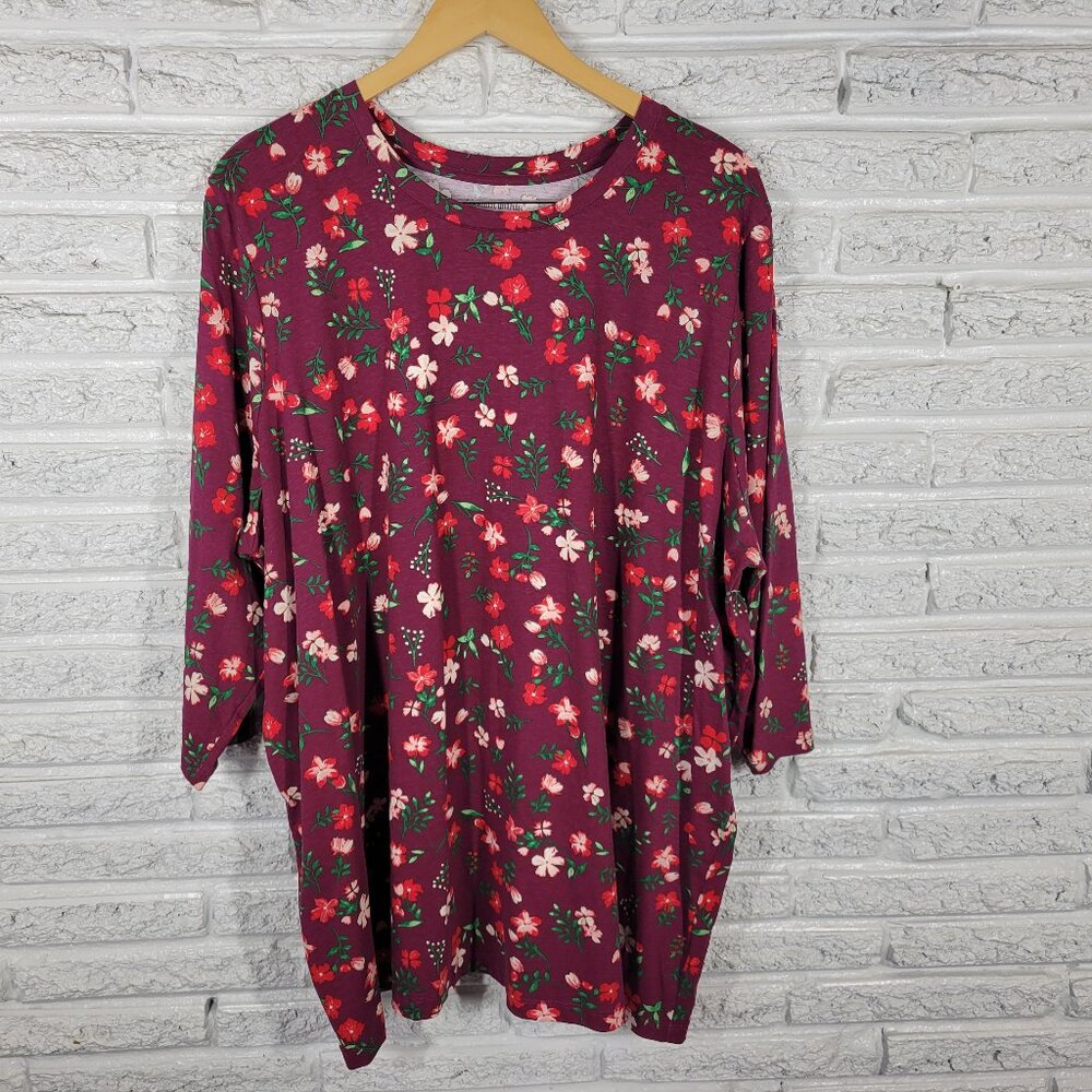 Woman Within 3X Tunic Women’s Burgundy Red Floral 100% Cotton 3/4 Sleeve FLO178E